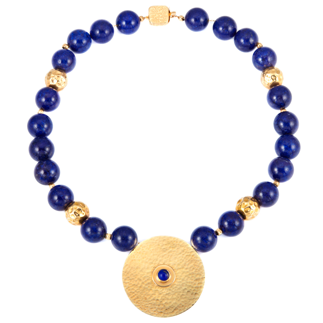 Appraisal: Gold and Lapis Bead Necklace kt lapis beads ap mm