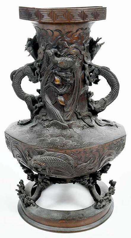 Appraisal: Chinese Bronze Detailed Menagerie Vase th century double handled dragons