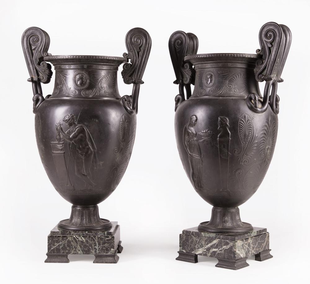 Appraisal: Pair of Classical-Style Bronze Urns th c after the Antique