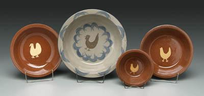 Appraisal: Four pieces modern Jugtown pottery bowl interior with chicken and