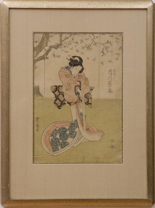 Appraisal: JAPANESE WOODBLOCK PRINT Depicting an actor playing an old courtesan