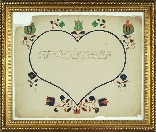 Appraisal: Pennsylvania watercolor fraktur dated the central heart with script surrounded