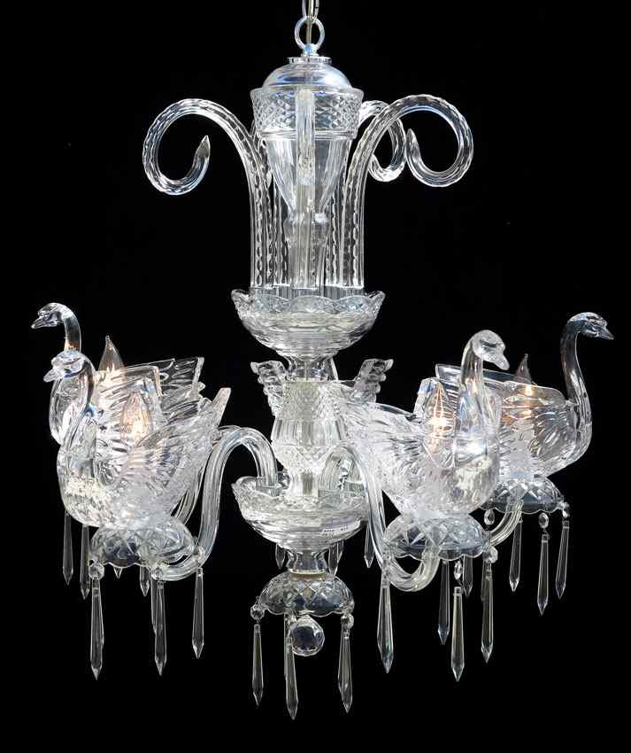 Appraisal: A MOST UNUSUAL CRYSTAL SWAN CHANDELIER lights shaded by the