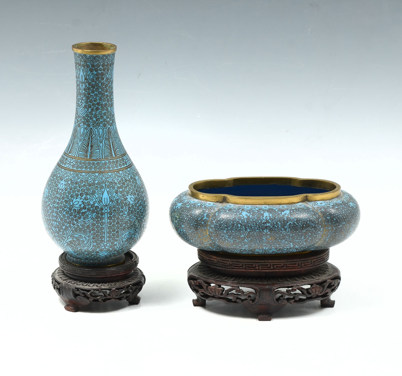 Appraisal: -PIECE QING DYNASTY CHINESE CLOISONNE Comprising - Blue ground bottle