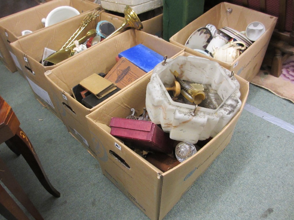 Appraisal: Nine boxes of assorted china brass and sundries