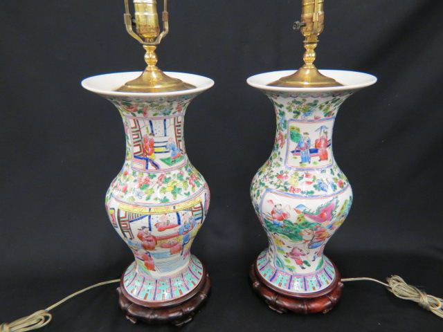 Appraisal: Pair of Chinese Porcelain Lamps famile rose style decoration body