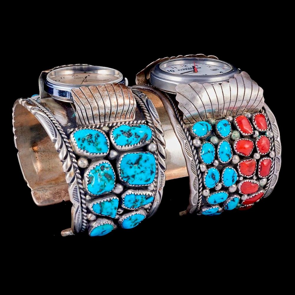 Appraisal: NAVAJO WATCH CUFF BRACELETS Two turquoise coral and silver watch