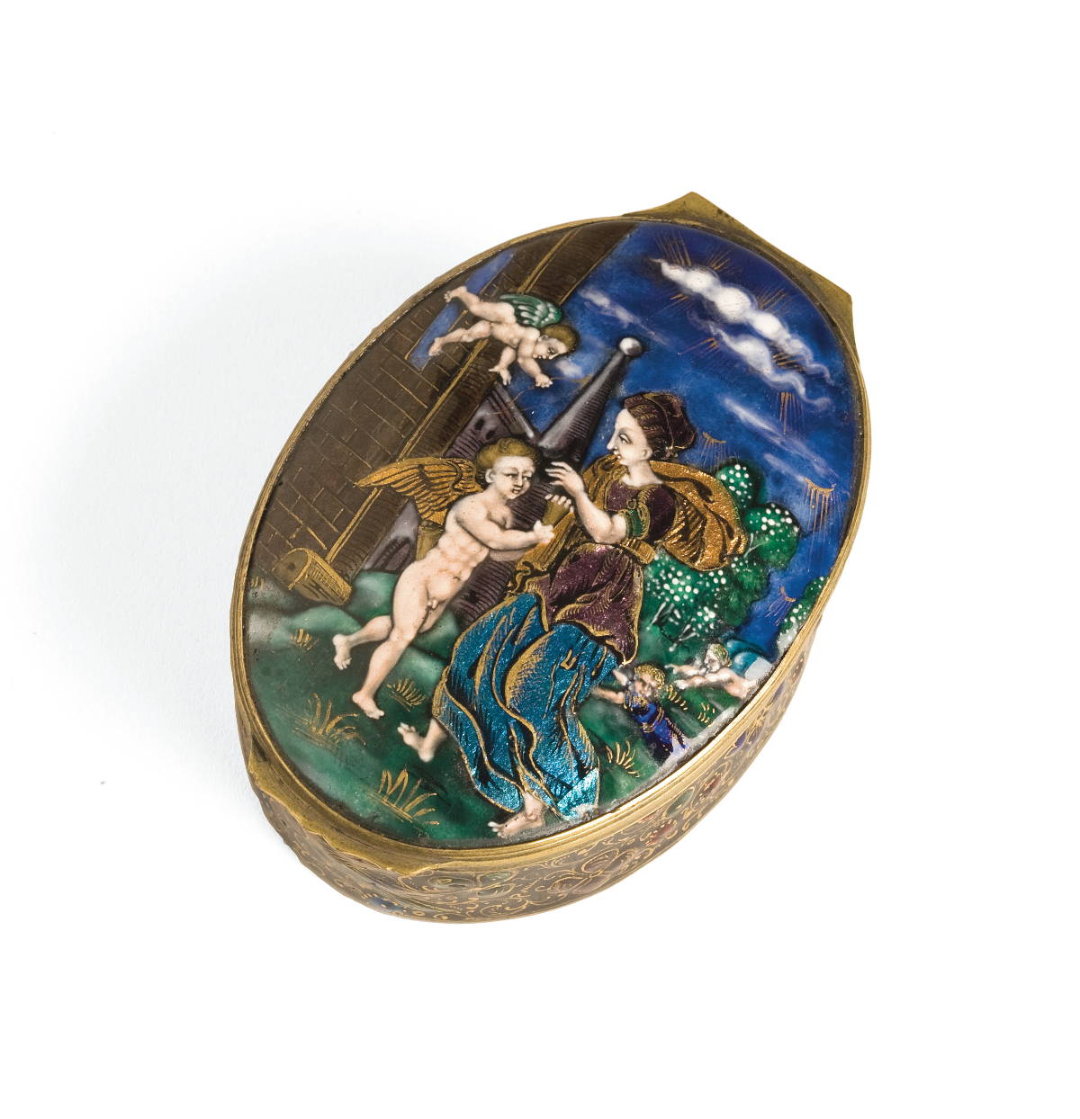 Appraisal: CONTINENTAL ENAMEL OVAL BOX IN THE MANNER OF LIMOGES POSSIBLY