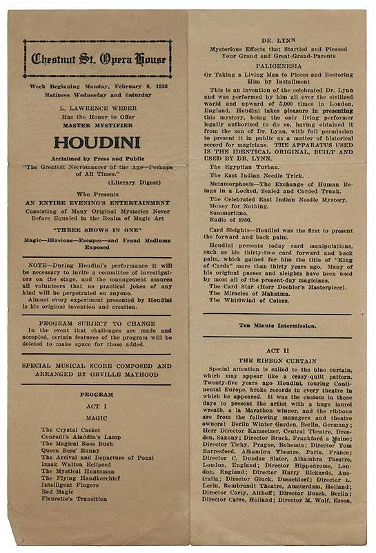 Appraisal: Chestnut St Opera House Handbill Houdini Harry Ehrich Weisz Chestnut