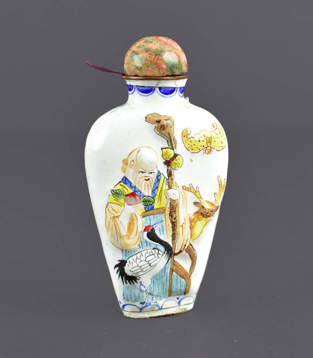 Appraisal: CHINESE ENAMEL SNUFF BOTTLEThe baluster bottle decorated with a sage