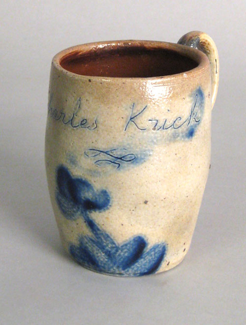 Appraisal: Shenfelder stoneware presentation mug th c inscribed Charles Krick with