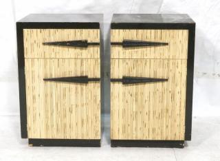 Appraisal: Pr Modernist Black Lacquer Night Stands Speckled cream vertical ribbed