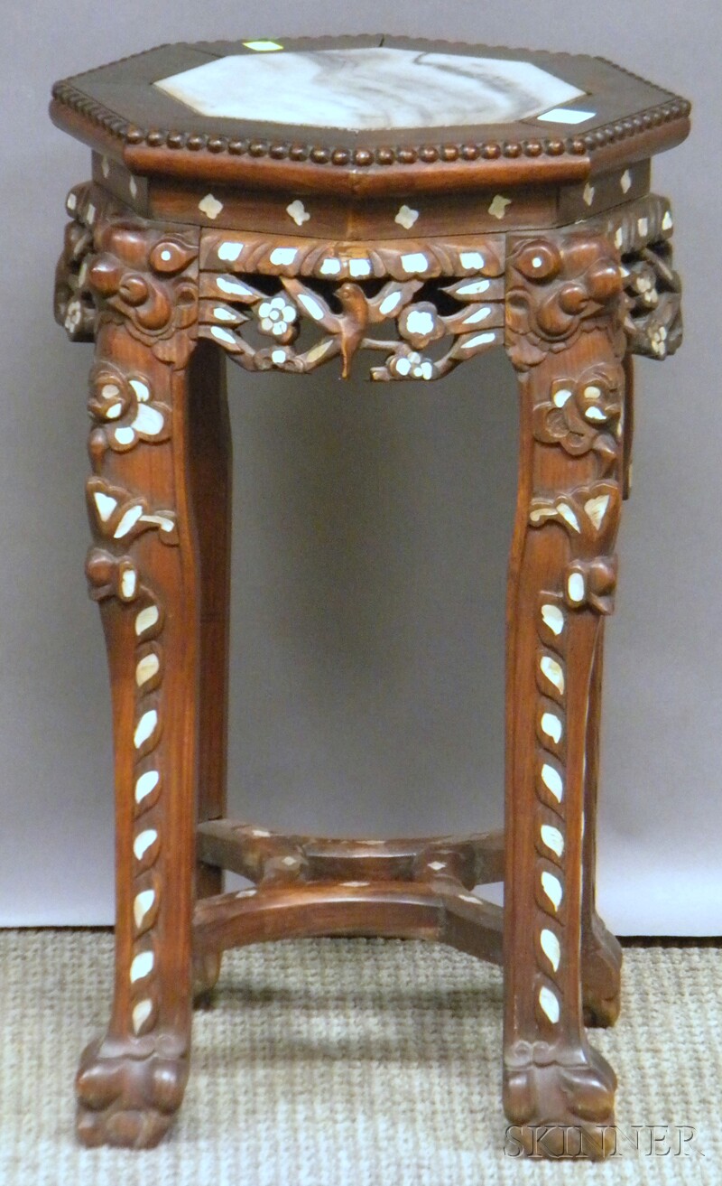 Appraisal: Chinese Export Hexagonal Marble-inset and Mother-of-pearl-inlaid Carved Hardwood Stand ht