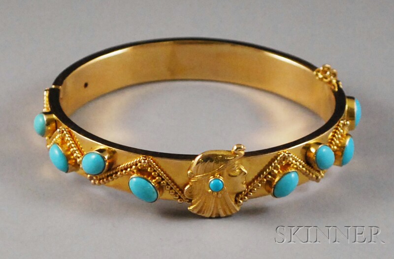 Appraisal: kt Gold Gilt Silver and Turquoise Art Nouveau-style Bangle the