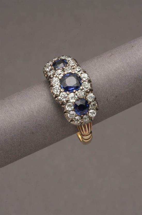 Appraisal: Edwardian Tested -Karat Yellow-Gold White-Gold Blue Sapphire and Diamond Ring