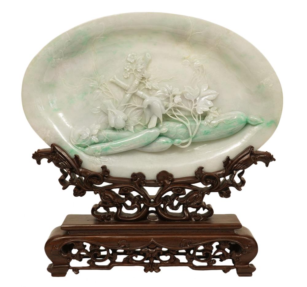 Appraisal: CHINESE JADE CARVED DIMENSIONAL PLATTER ON STANDChinese carved jade platter