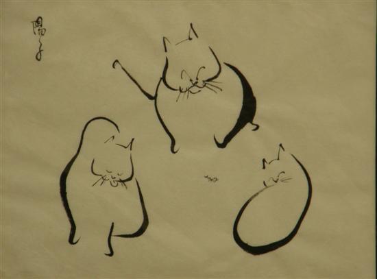 Appraisal: Yoko Japanese 'Three Cats' signed Sumi-e Japanese Gallery label verso