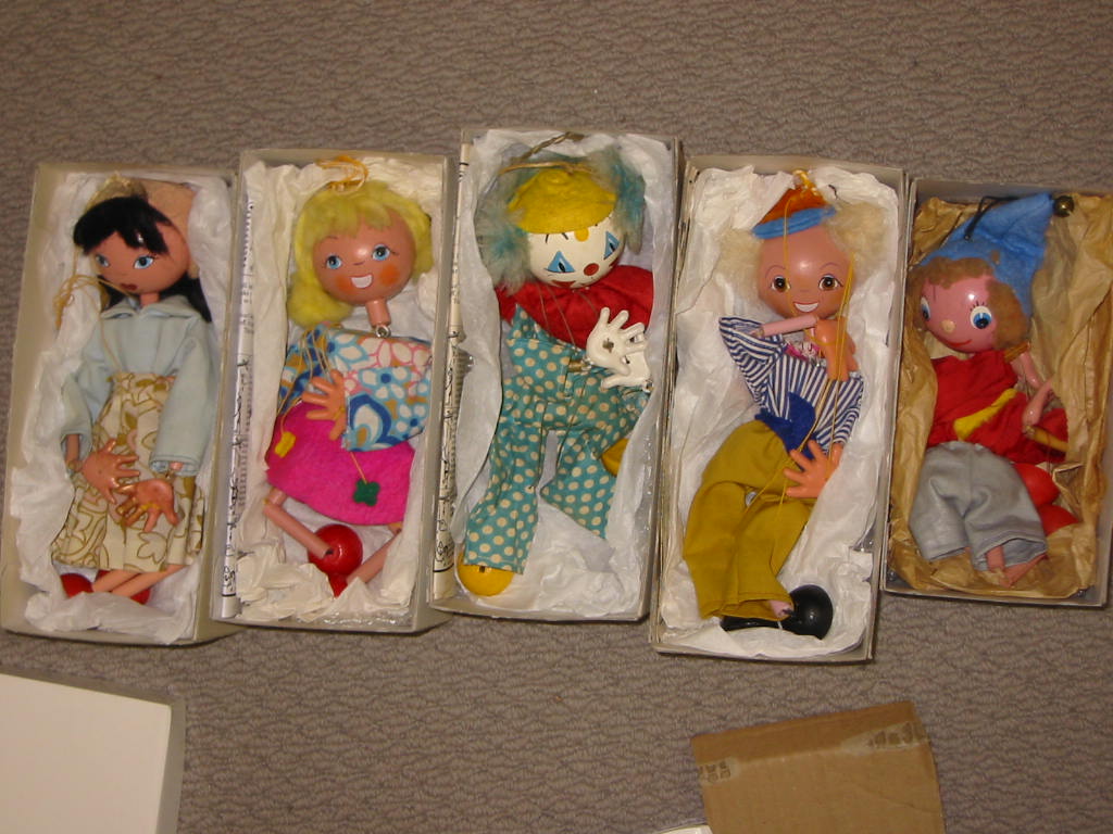 Appraisal: Five Pelham puppets JC Clown with instructions JC Girl with