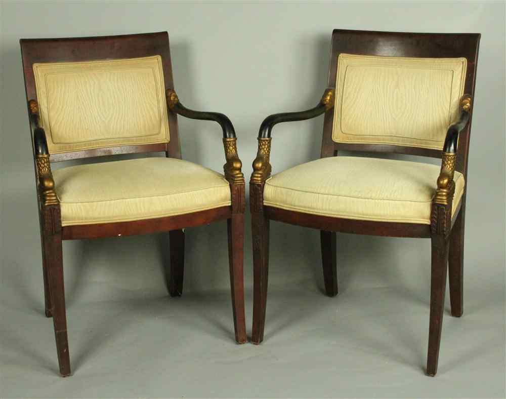 Appraisal: PAIR FRENCH EMPIRE MAHOGANY OPEN ARM CHAIRS each having a