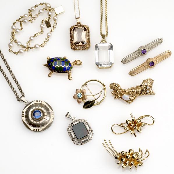 Appraisal: GOLD AND SILVER JEWELRY Twelve pieces include colorless and brown