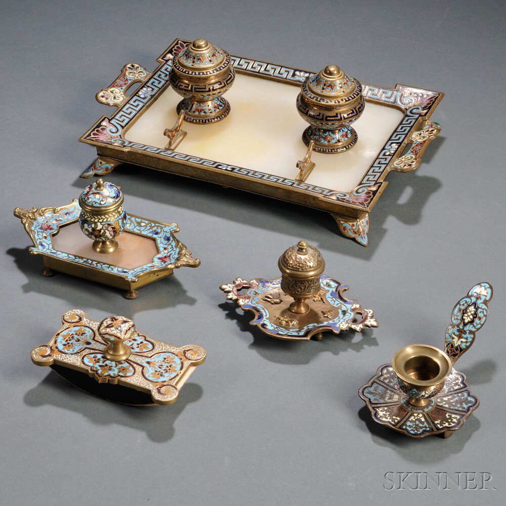 Appraisal: Five Champleve-decorated Desk Accessories France late th early th century