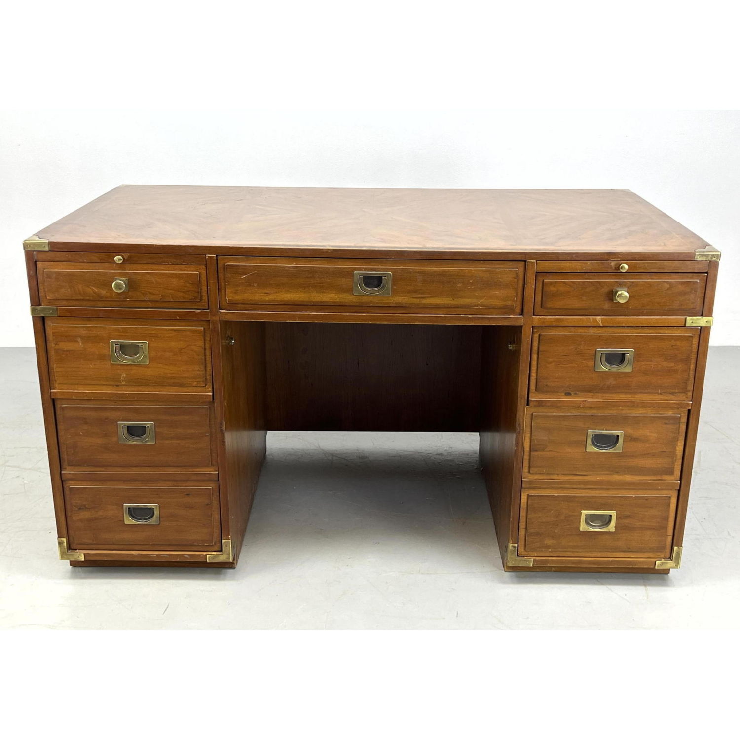 Appraisal: Campaign Style Executive Desk with Inset Pulls Dimensions H inches