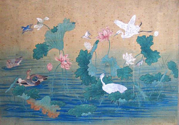 Appraisal: AnonymousWater fowl in lotus pond Ink and color on silk