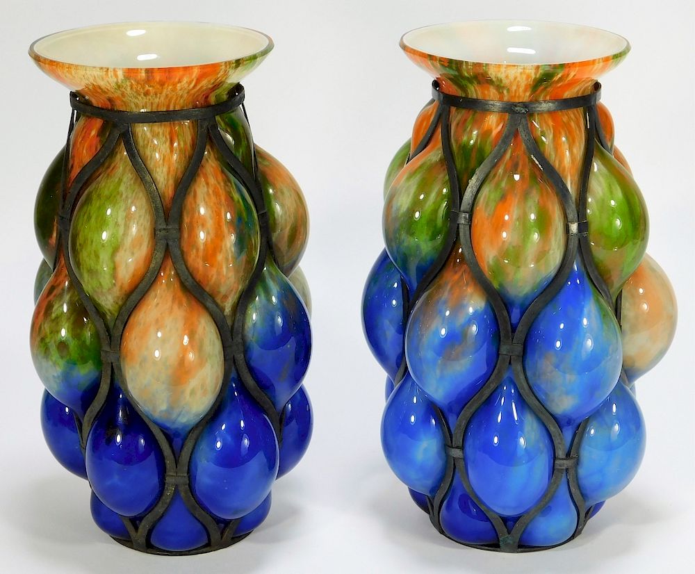 Appraisal: PR Kralik Caged Bohemian Art Glass Vases Bohemia Early th