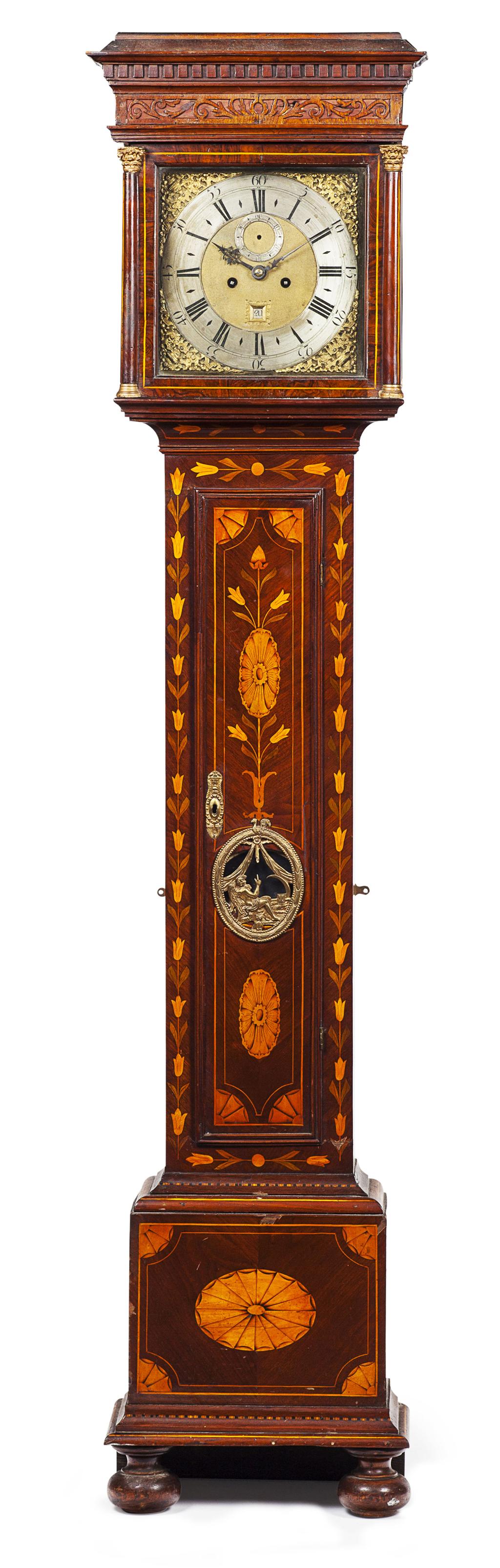 Appraisal: DUTCH MARQUETRY LONGCASE CLOCK TH CENTURY the dentil moulded cornice