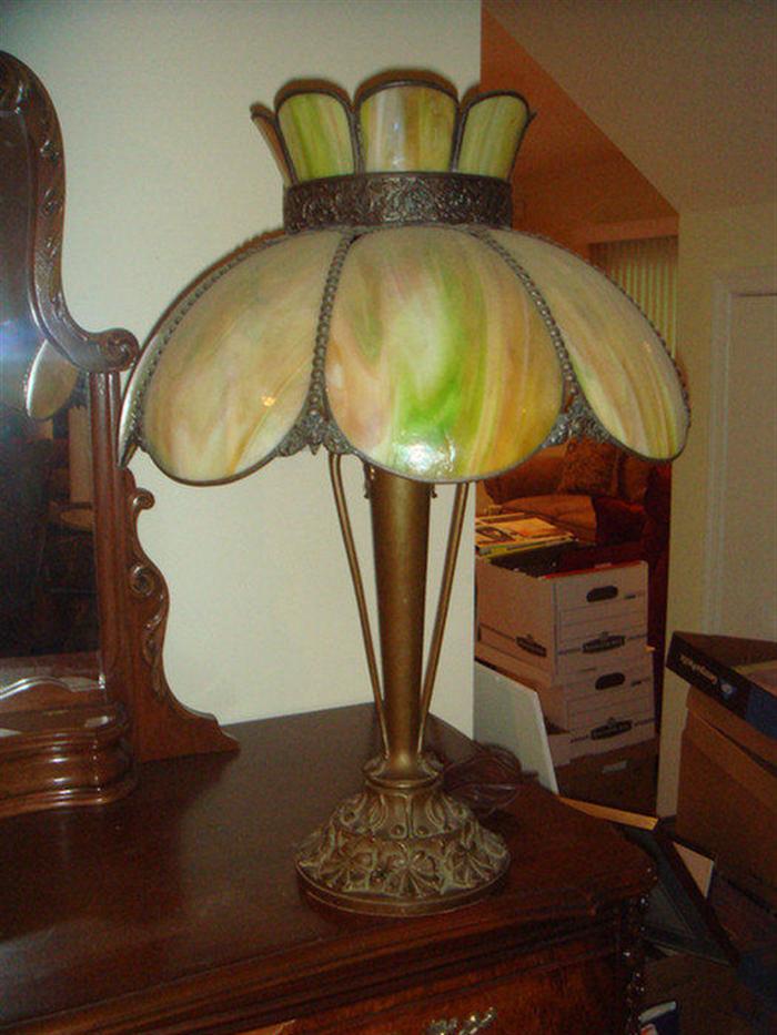 Appraisal: panel flower petal green caramel slag table lamp painted base