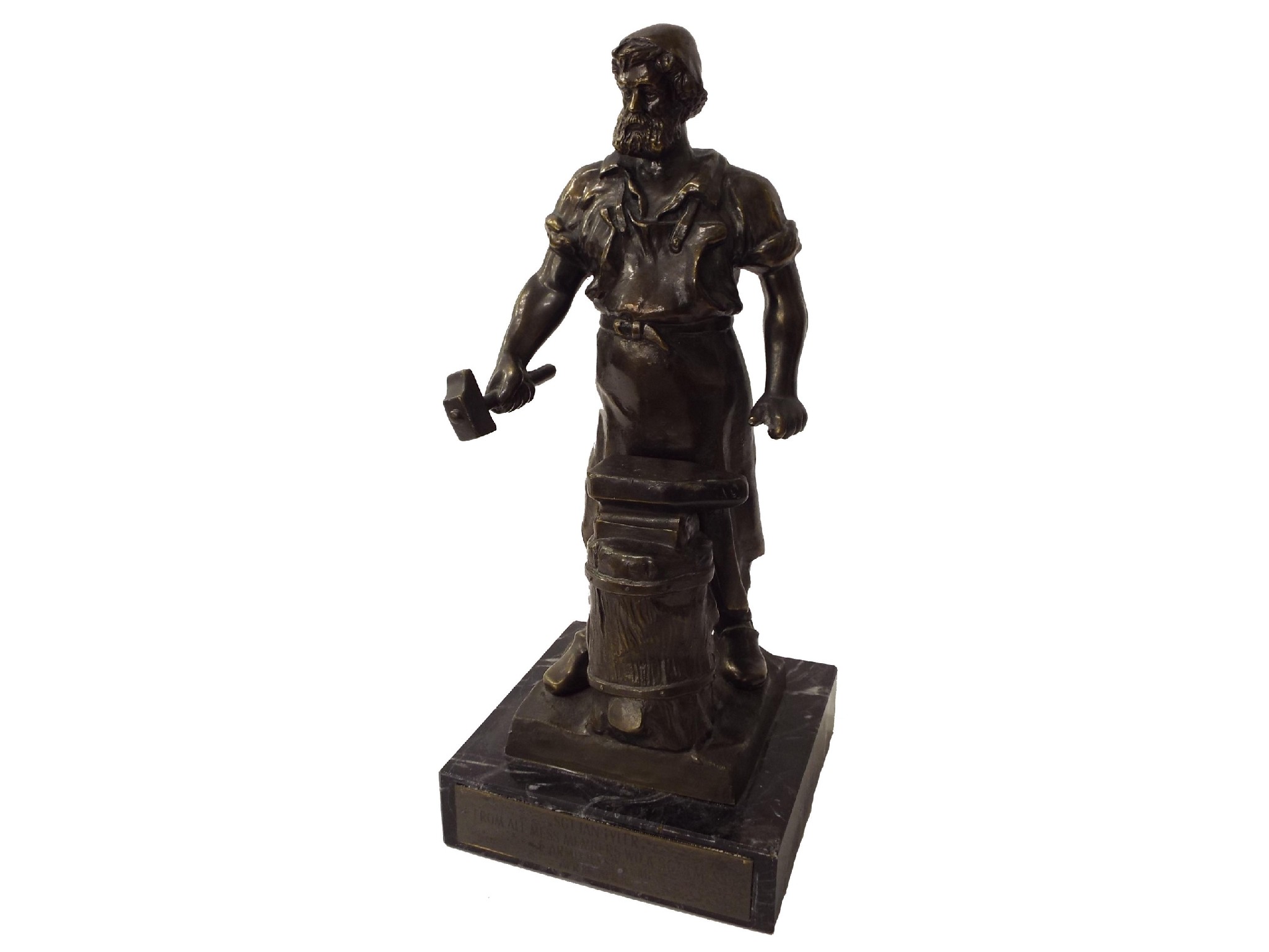 Appraisal: Cast bronze figure of a blacksmith upon a veined black