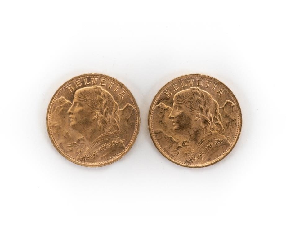 Appraisal: Two B Gold Francs Swiss Helvetia France coins