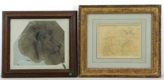 Appraisal: BARYE Antoine-Louis Two Drawings of Animals Lion's Head - crayon