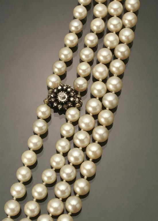 Appraisal: Princess Length Cultured Pearl and Diamond Necklace Knotted The double