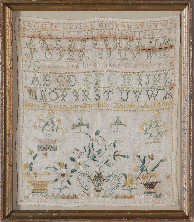 Appraisal: American needlework alphabet sampler circa various rows of letters numbers