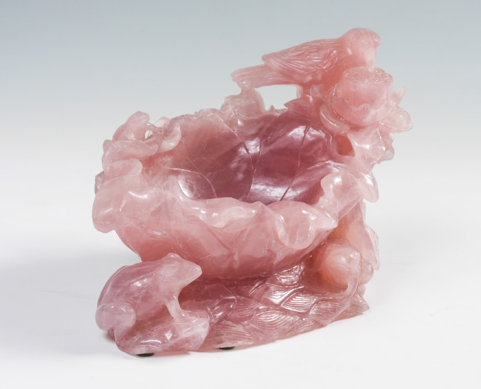 Appraisal: CHINESE ROSE QUARTZ CARVING Figural bird sitting atop a leaf