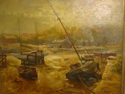 Appraisal: ALAN FEARNLEY Estuary Scene with Boats at Ebb Tide signed