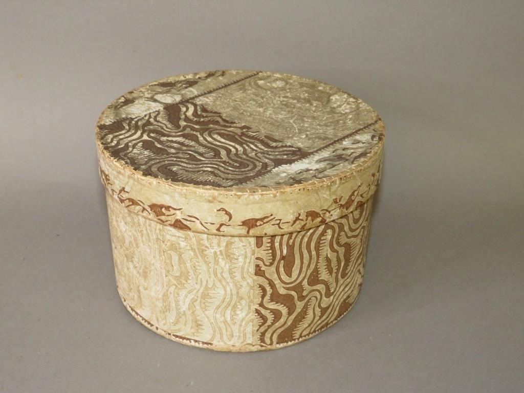 Appraisal: ROUND LIDDED WALLPAPER COVERED COLLAR BOX ATTRIBUTca s cardstock and