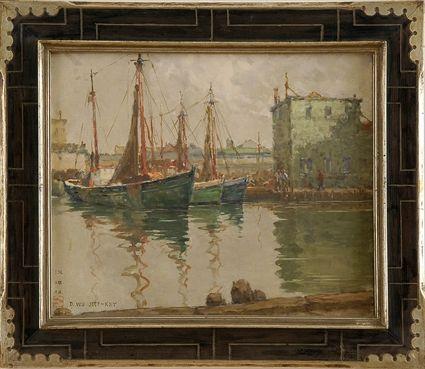 Appraisal: DAVID WU JECT-KEY - GLOUCESTER FISHING BOATS Oil on canvas