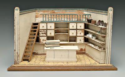 Appraisal: German miniature grocery shop painted and stenciled wood counters with