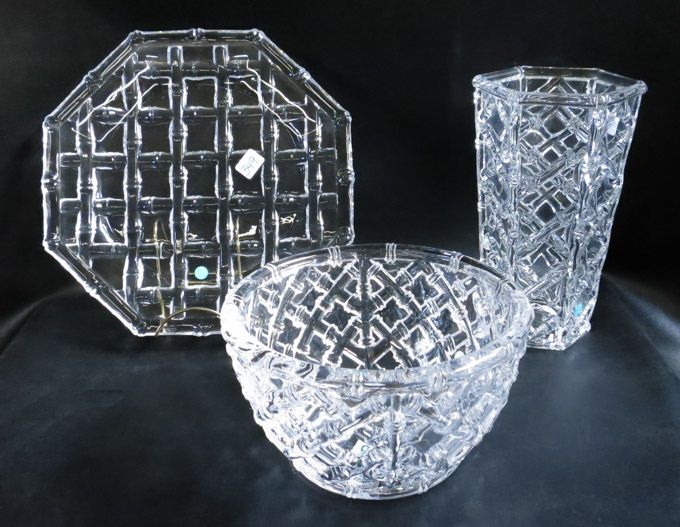 Appraisal: THREE TIFFANY CRYSTAL BAMBOO PATTERN TABLE WARE including a hexagonal