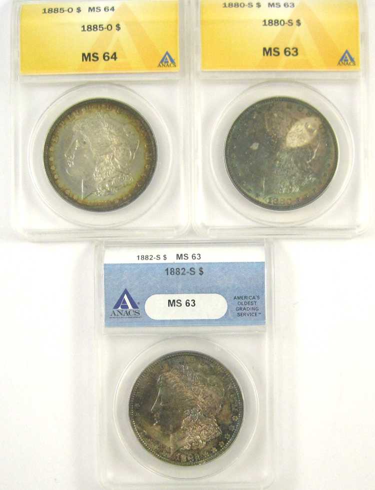 Appraisal: THREE U S SILVER MORGAN DOLLARS -S ANACS cased and