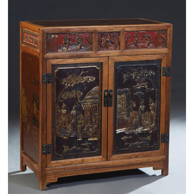 Appraisal: Chinese Lacquered and Carved Elm Sideboard early th c with