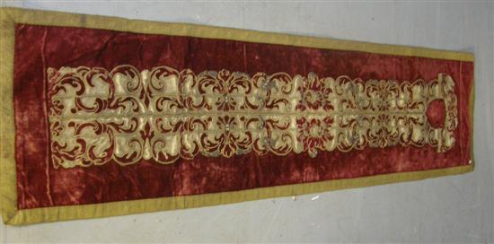 Appraisal: th century Spanish red velvet table runner with thread work