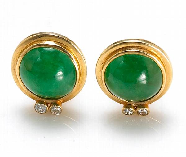 Appraisal: A pair of jadeite jade diamond and k gold earclips