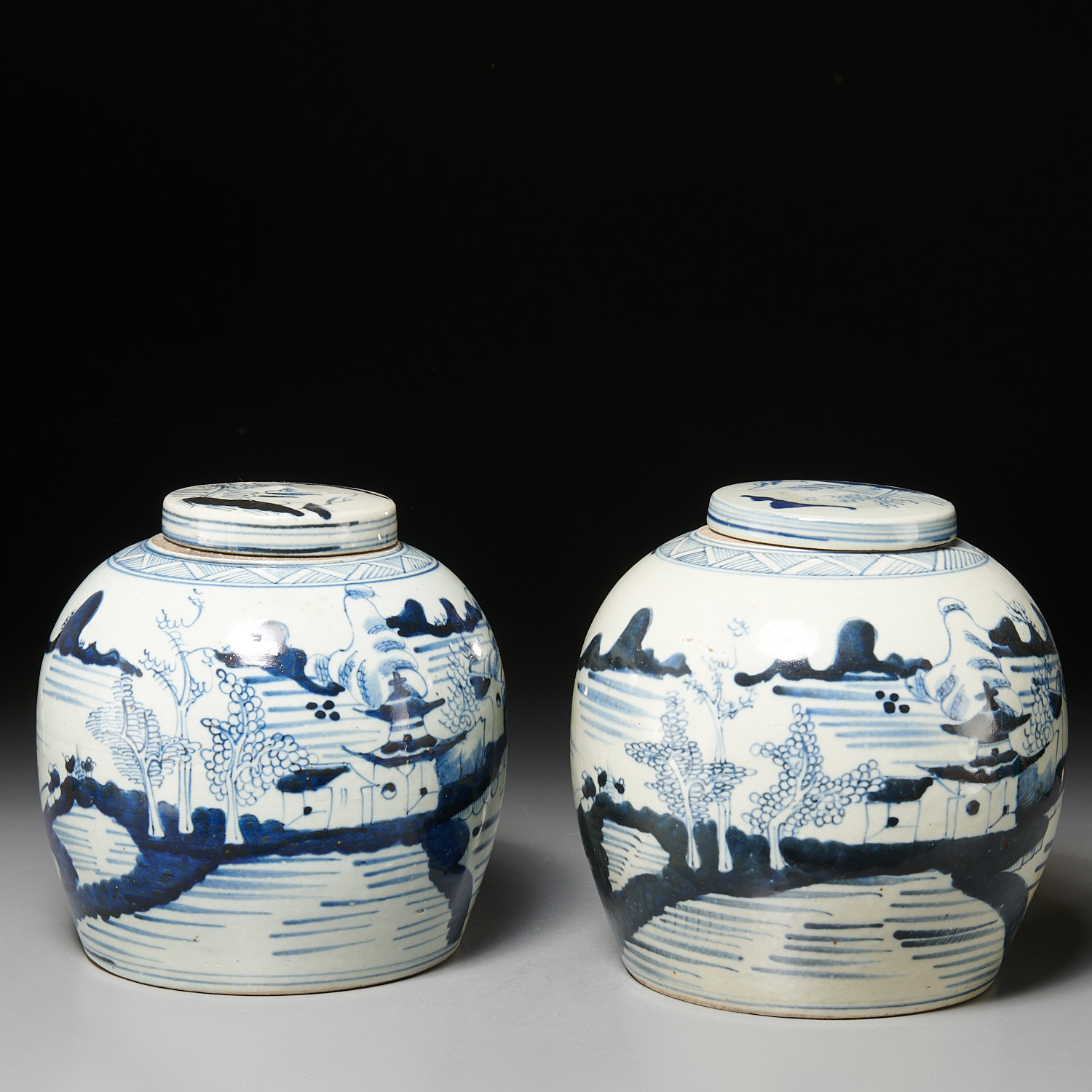 Appraisal: PAIR CHINESE CANTON PORCELAIN GINGER JARS th c landscapes with