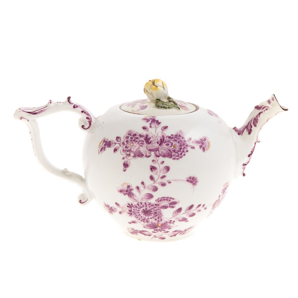 Appraisal: Meissen porcelain globular teapot mid- th century with puce flower