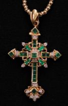 Appraisal: Emerald and Diamond Russian Cross with Chain Decorative Russian cross