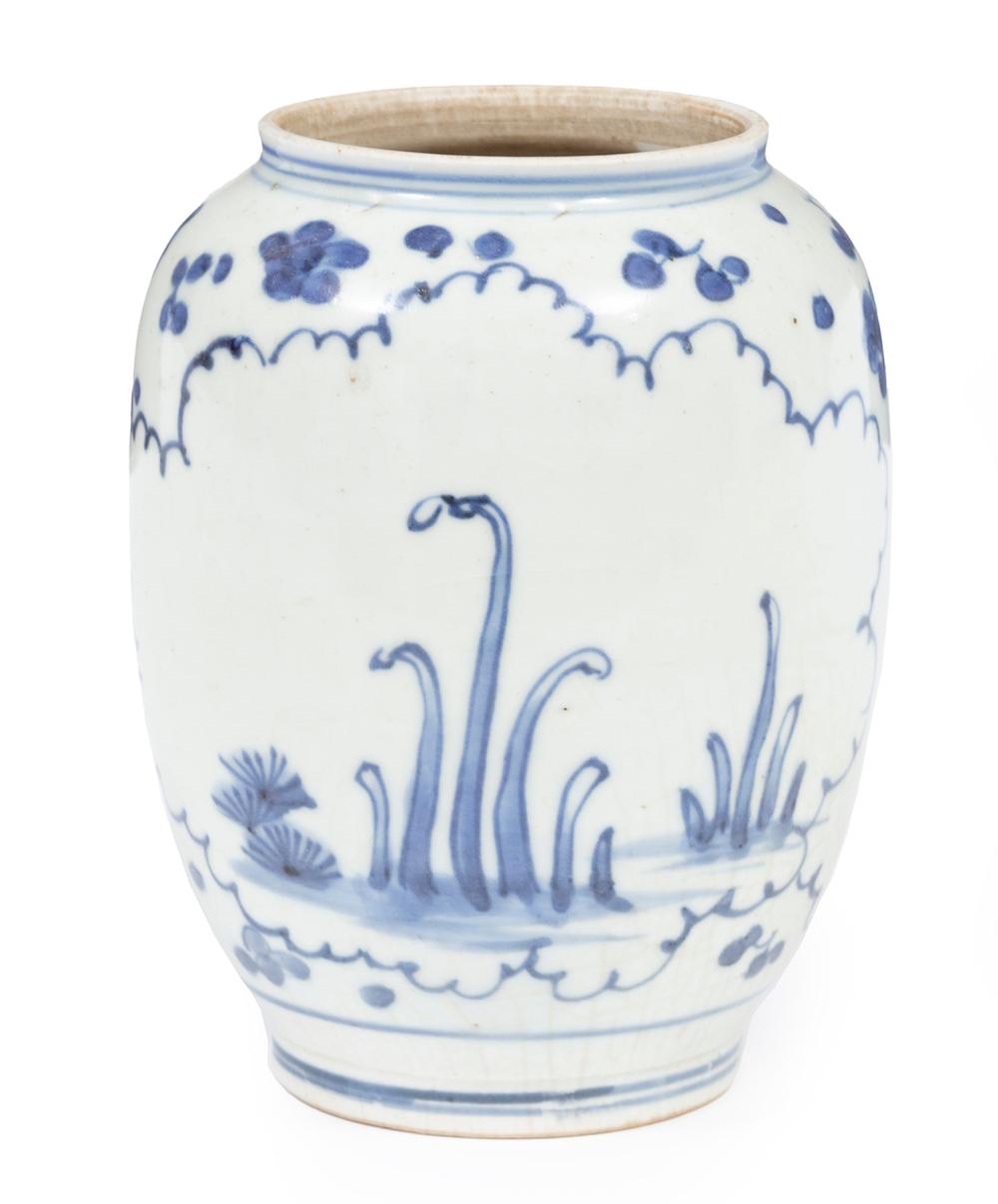 Appraisal: CHINESE BLUE AND WHITE PORCELAIN OVOID JARChinese Blue and White