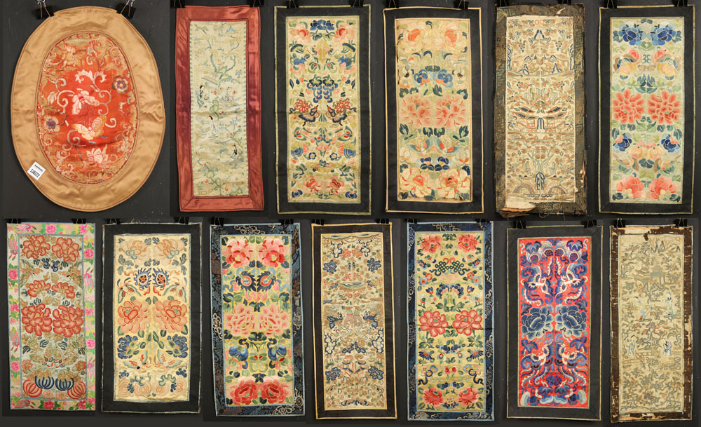 Appraisal: - Chinese Embroidered Panels Lot of thirteen Chinese embroidered panels